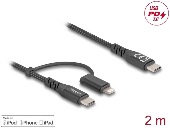 Nabíjecí kabel s konektory USB-C a Lightning, délka 2 metry, kompatibilní s iPod, iPhone, iPad, podporuje USB PD 3.0.