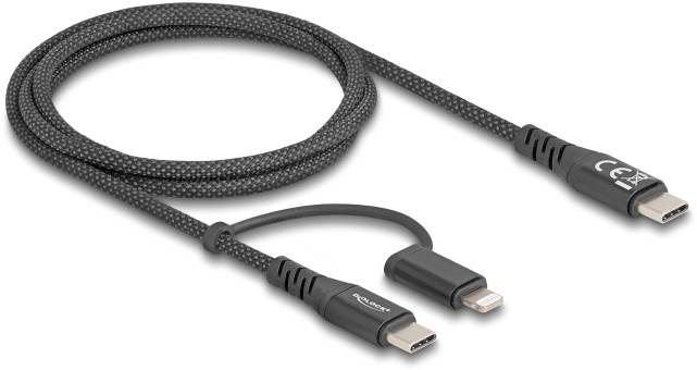 USB-C na Lightning adaptér, opletený, s dvěma konektory, vhodný pro zařízení Apple. Ideální pro nabíjení a synchronizaci.