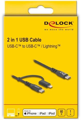 Žlutý obal s černým textem: '2v1 USB kabel USB-C™ na USB-C™ / Lightning™'. Kompatibilní s iPhone, iPad, iPod. 60W, délka 1m.