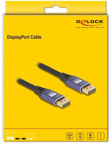 DisplayPort kabel od Decku, 32,4 Gbps přenosová rychlost, HDR10, podpora 8K rozlišení, délka 1 metr, na žluté krabičce.