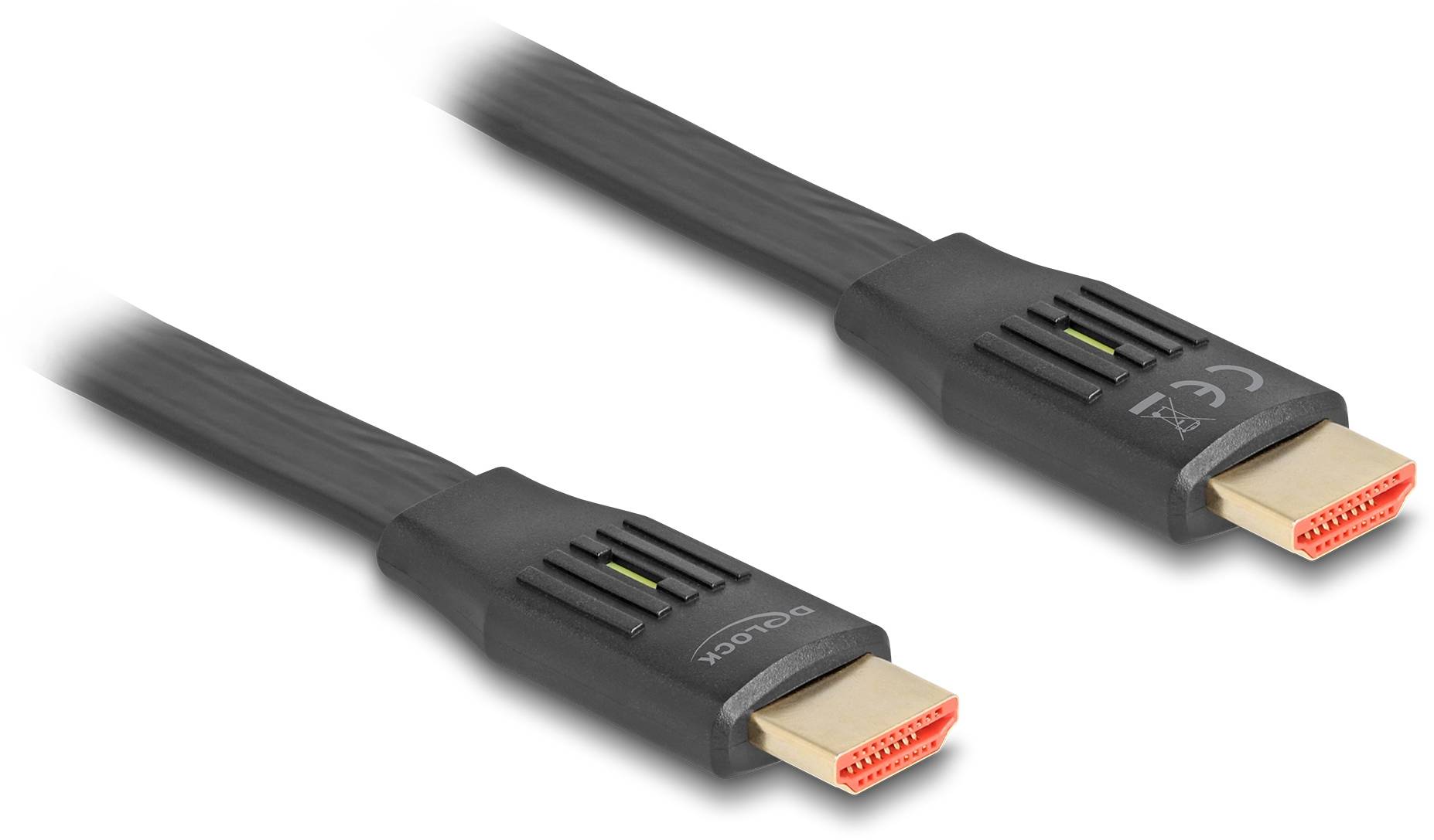 Dva černé HDMI kabely s červeným konektorem. Propojují zařízení pro přenos audia a videa, podporují vysokou kvalitu a rychlost.