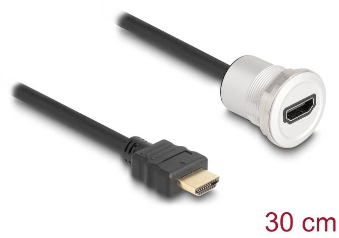 HDMI prodlužovací kabel, 30 cm, černý kabel se zlatým konektorem a stříbrnou zásuvkou, vhodný pro AV připojení.