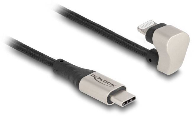 Dva kabelové adaptéry s různými konektory: jeden s USB-C, druhý s pravoúhlým Lightning konektorem.