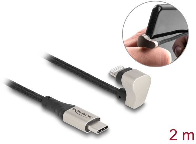 L-tvarový USB-C na Lightning kabel, se dvěma kovovými konektory. Délka: 2 metry. Kruh znázorňuje kabelové připojení k zařízení.
