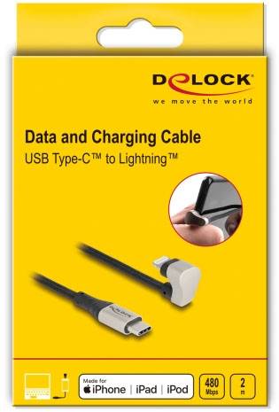 Žlutý obal s USB-C na Lightning kabelem, 2 metry. Kompatibilní s iPhone, iPad, iPod. Značka Delock. Přenos 480 Mbps.