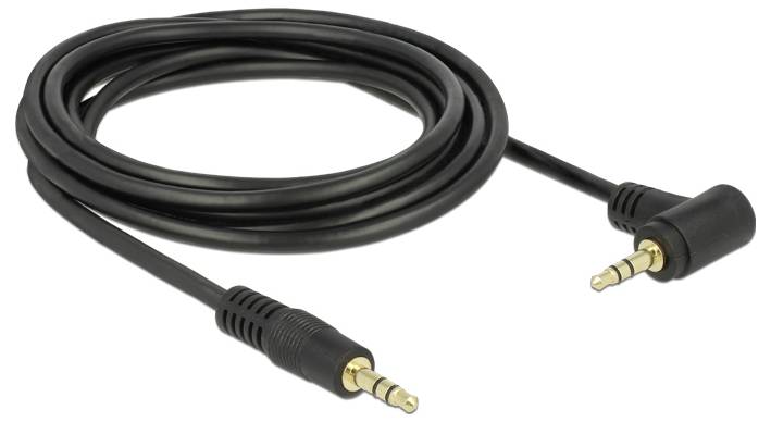 Černý audiokabel s 3,5mm jacky na obou koncích, jeden z nich je zahnutý do úhlu. Slouží k propojení audiovzařízení.