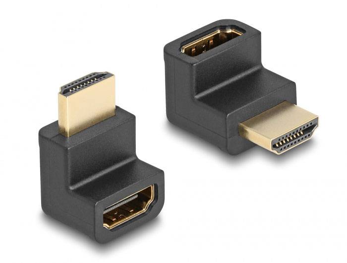 Dva černé HDMI úhlové adaptéry, jeden s mužským konektorem vlevo a jeden s ženským konektorem vpravo na bílém pozadí.