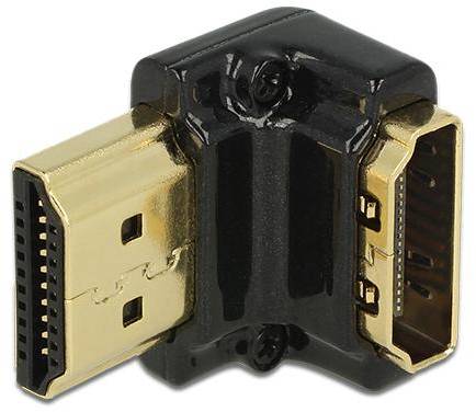 Černený HDMI úhlový adaptér se dvěma zlatými konektory ukazuje možnost propojení HDMI kabelů v omezených prostorech.