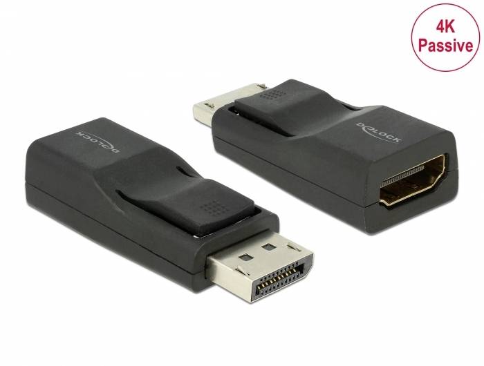 Dva adaptéry s černým pouzdrem; jeden ukazuje DisplayPort konektor a druhý zásuvku HDMI. V rohu: '4K Pasivní'.