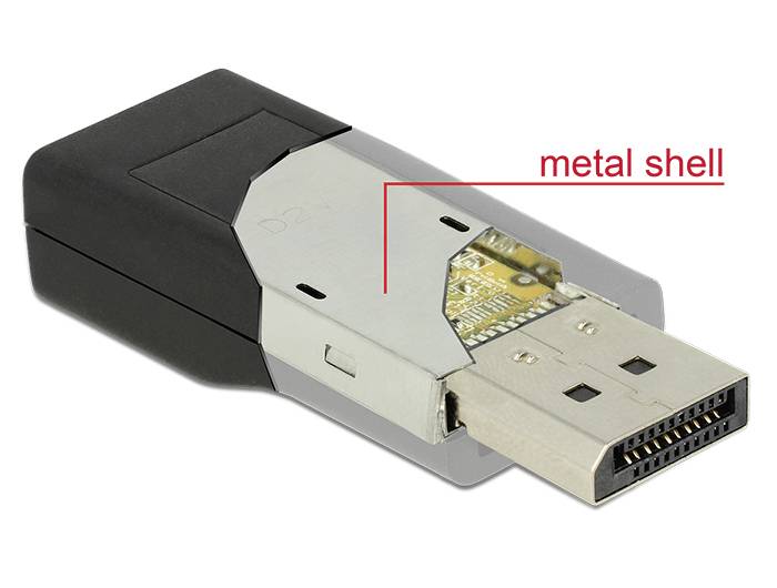 USB konektor s otevřeným pouzdrem, který odhaluje kovový plášť a vnitřní desku plošných spojů. Textové zvýraznění ukazuje na "kovový plášť".