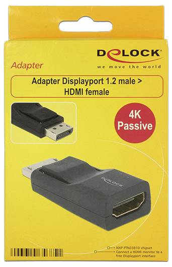 Adaptér Delock DisplayPort 1.2 samec na HDMI samice, 4K pasivní, čipová sada NXP PTN3361. Žlutý obal s produktovou fotografií.