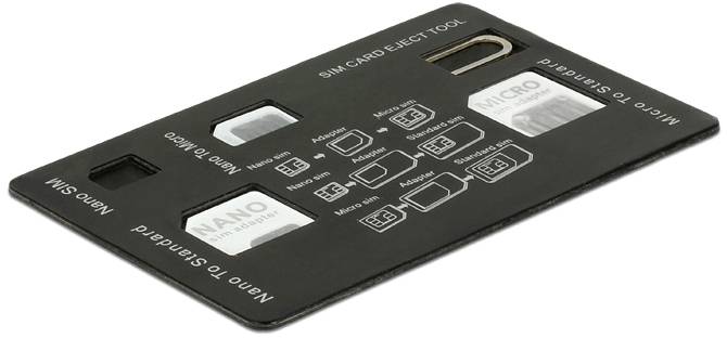 Sada adaptérů SIM karty s nástrojem pro vyjmutí SIM karty. Obsahuje nano a micro SIM adaptéry pro různé velikosti zařízení.