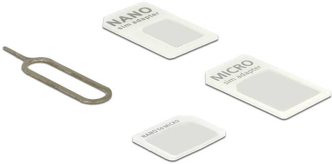 Jehla pro vyjmutí SIM karty a adaptér pro nano a micro SIM karty, které umožňují přizpůsobení různým typům zařízení.