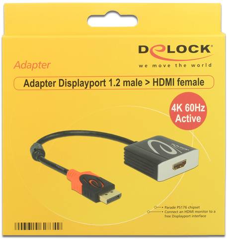 Balení pro aktivní adaptér Delock DisplayPort 1.2 (samec) na HDMI (samice), 4K 60Hz. Produktové foto s kabelem a textem.