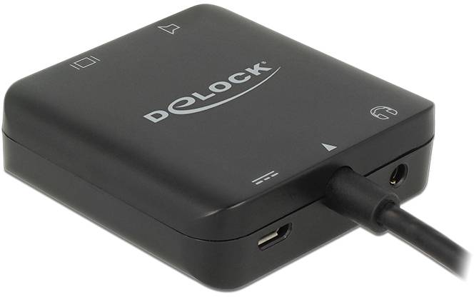 Černé, obdélníkové zařízení Delock HDMI s několika porty a zapojeným kabelem, určené pro přenos dat.