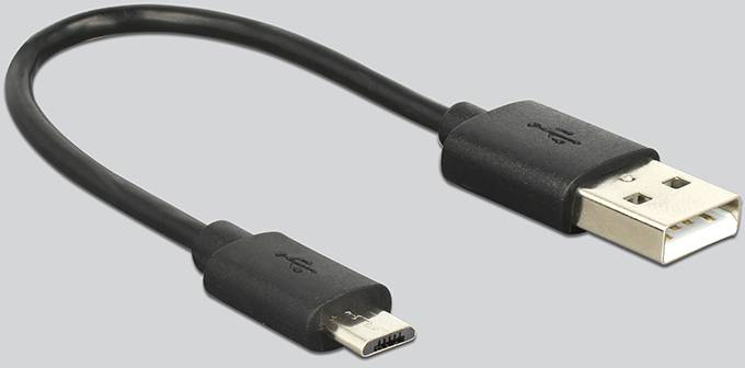 USB kabel s micro-USB konektorem na levé straně a standardním USB konektorem na straně pravé.