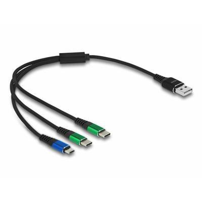 Multifunkční nabíjecí kabel s jedním USB portem na jedné straně a třemi USB-C porty označenými modrým, zeleným a červeným značením.