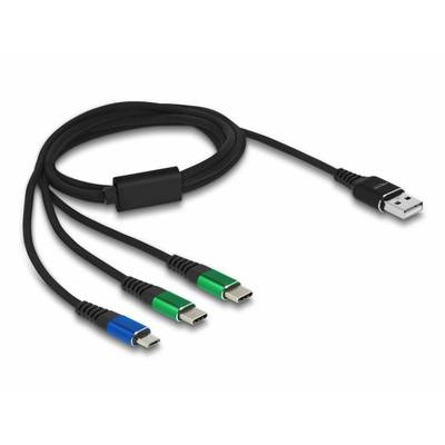 Nabíjecí USB kabel se třemi konektory v modré, zelené a červené barvě, který je kompatibilní s různými zařízeními. Vhodný pro současné nabíjení několika zařízení najednou.
