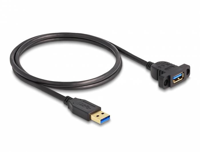 Černý USB 3.0 kabel s samčím a samičím konektorem; slouží k přenosu dat mezi zařízeními.