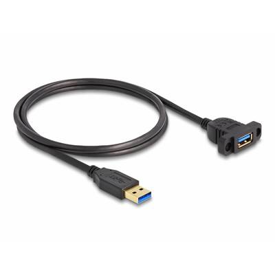 Černý USB 3.0 kabel s samčím a samičím konektorem; slouží k přenosu dat mezi zařízeními.