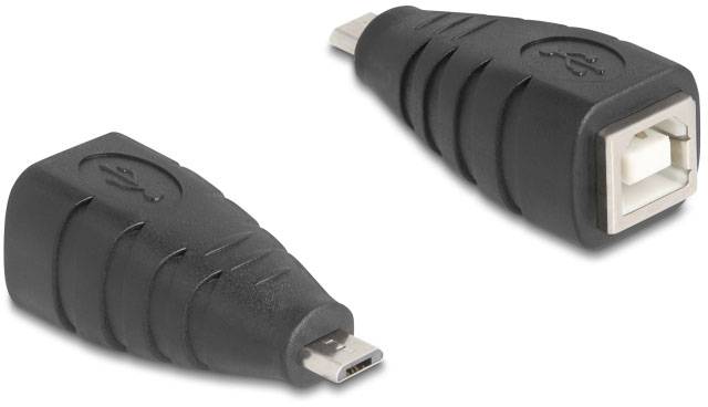 Dva černé adaptérové zástrčky, jedna s mini-USB konektorem a druhá s čtvercovou zásuvkou, na bílém pozadí.