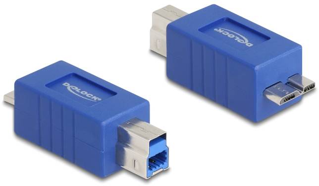 Dva modré USB adaptéry s různými konektory: jeden s mini-USB, druhý s USB typ B.