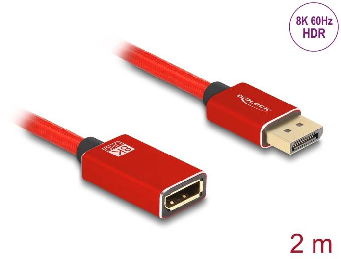 DisplayPort kabel v červené barvě, délka 2 metry, podporuje 8K při 60 Hz a HDR, s vylepšenými konektory pro lepší výkon.