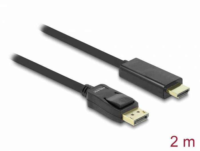 Kabel DisplayPort na HDMI, 2 metry dlouhé, černé. Vhodné pro připojení počítačů s HDMI displeji pro přenos audia a videa.