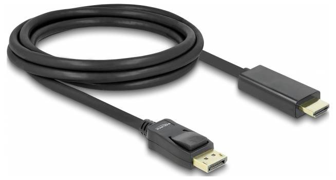 Černý kabel s konektorem DisplayPort na jedné straně a konektorem HDMI na straně druhé, vhodný pro video připojení.