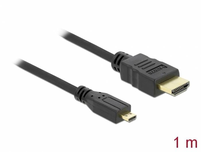 HDMI kabel s běžným konektorem a micro-HDMI konektorem, délka 1 metr, na bílém pozadí.