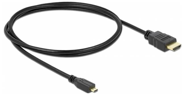 Černý HDMI kabel se standardním a micro konektorem, vhodný pro připojení zařízení jako jsou kamery nebo tablety k displejům.