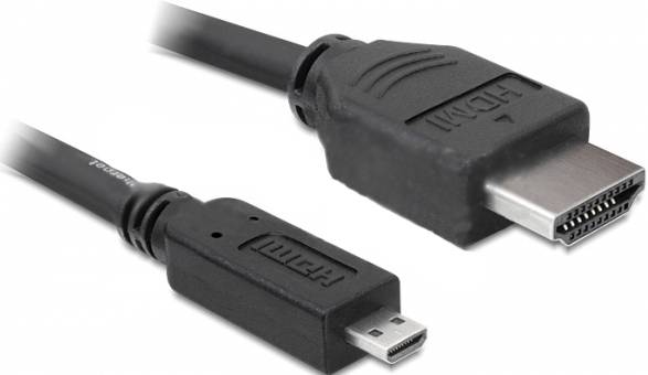 Dva kabely: Vlevo konektor Micro-HDMI a vpravo konektor standardního HDMI. Oba černé a umístěné vedle sebe.