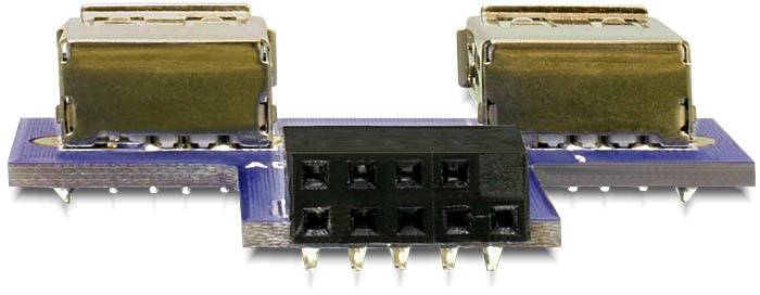 Dva USB porty na modré desce plošných spojů s deseti černými sloty.