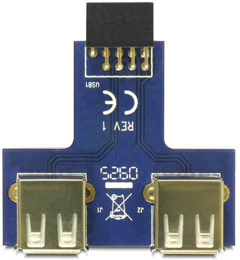 Modrý USB adaptér se dvěma USB porty dole a RJ45 konektorem nahoře.