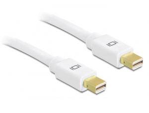 Dva bílé Mini DisplayPort kabely ležící vedle sebe se zlatým konektorem, vhodné pro video a audio připojení.