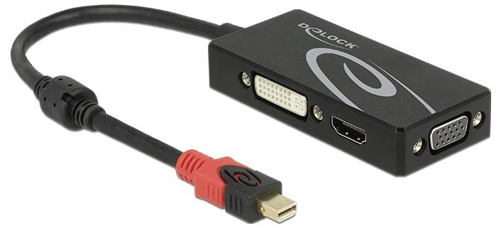 Černý adaptér s Mini-DisplayPort konektorem a HDMI, DVI a VGA zdířkami, vhodný pro video připojení k různým monitorům.