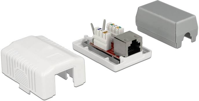 Bílý síťový konektor s otevřeným krytem ukazuje vnitřní kabeláž a ethernetový port, vedle s nasazeným horním krytem.
