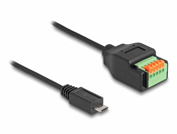 Černý kabel s micro-USB konektorem a zelenou svorkovnicovou přípojkou. Použití: připojení v elektronice.