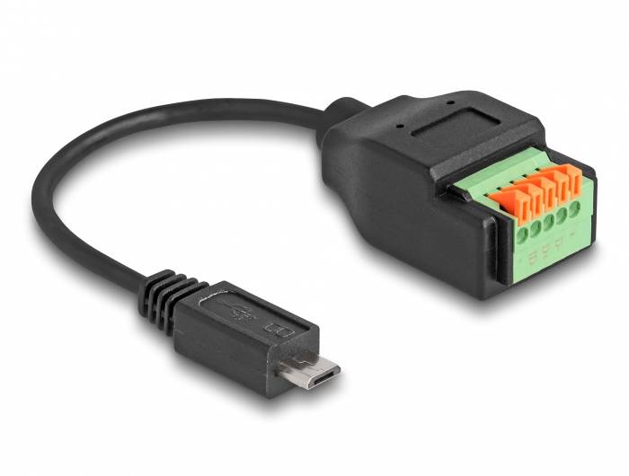 Černozelený adaptérový kabel s micro-USB konektorem a vícebarevným připojovacím blokem, vhodný pro elektronické připojení.