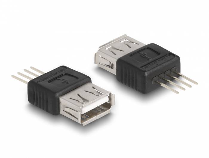 Dva USB-A konektory s kolíky pro pájené připojení. Jeden je zobrazen shora a druhý z boku.