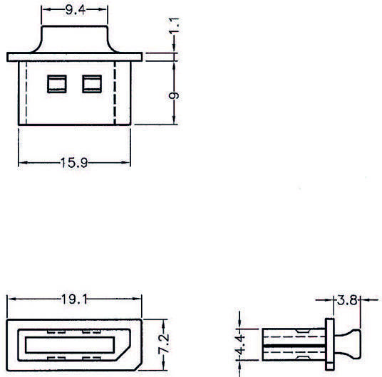 Technický výkres USB konektoru s rozměry v milimetrech: 9,4 x 15,9 x 9 výška. Boční pohled ukazuje 3,8 x 4,4.
