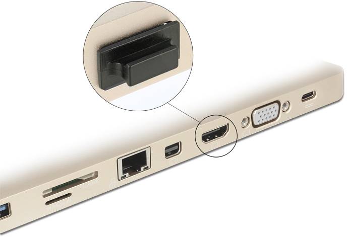 Konektory na notebooku: HDMI, VGA, Ethernet, čtečka karet a USB-C. Zvětšený pohled na uzavřený konektor HDMI.