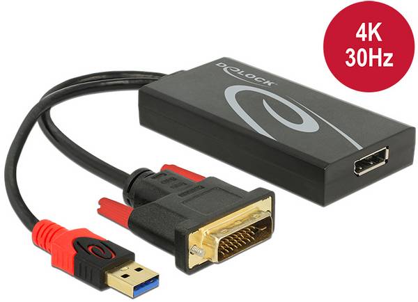 Delock 62596 DisplayPort / DVI / USB adaptér [1x DVI zástrčka 24+1pólová, USB-A konektor - 1x zásuvka DisplayPort] černá  0.30 m
