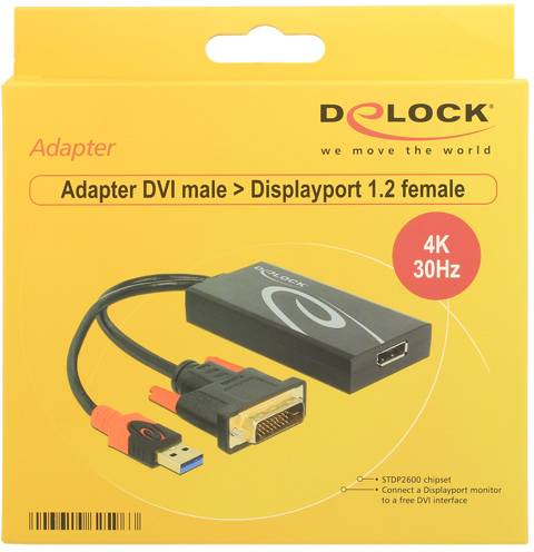 Adaptér Delock pro převod z DVI samec na DisplayPort 1.2 samice. Podporuje rozlišení 4K při 30 Hz. Obsahuje obrázek adaptéru.