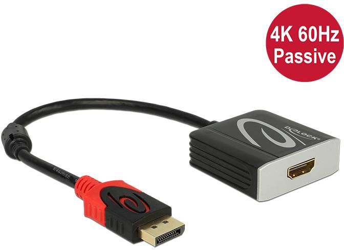 Adaptérový kabel DisplayPort na HDMI, černý s červeným konektorem, vhodný pro 4K při 60 Hz, pasivní. Ideální pro monitory nebo televize.