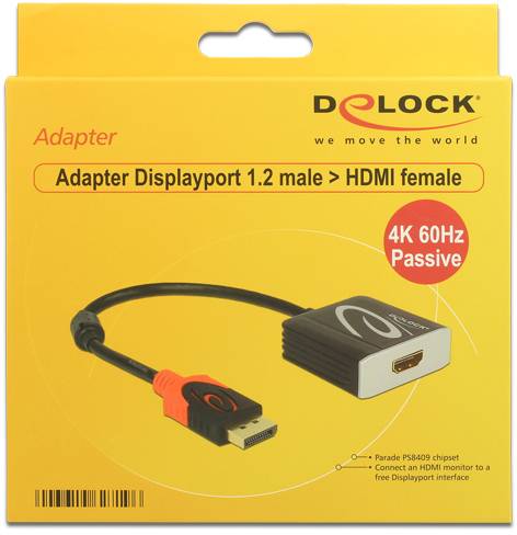 Adaptér Delock DisplayPort 1.2 samec na HDMI samice, 4K 60Hz, Pasivní. Žlutý obal zobrazuje kabel s červenými a černými konektory.