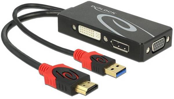 Delock 62959 HDMI / USB / DVI / VGA adaptér [1x HDMI zástrčka, USB-A konektor - 1x HDMI zásuvka, DVI zásuvka 24+5pólová, D-SUB zásuvka 15pólová] černá, červená  0.14 m