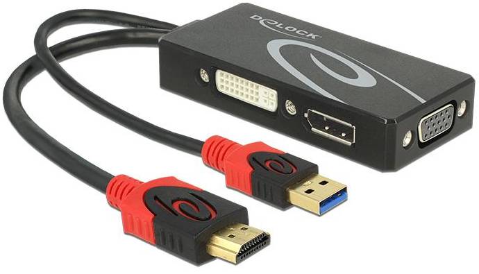 Adaptérový kabel s USB a HDMI konektory vede ke konvertoru s DVI, DisplayPort a VGA výstupy na jednom zařízení.