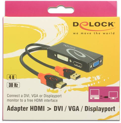 Adaptér HDMI na DVI/VGA/Displayport od Delocku. Balení zobrazuje adaptér s HDMI konektorem, kompatibilní s DVI, VGA, Displayportem. Podporuje 4K při 30 Hz.
