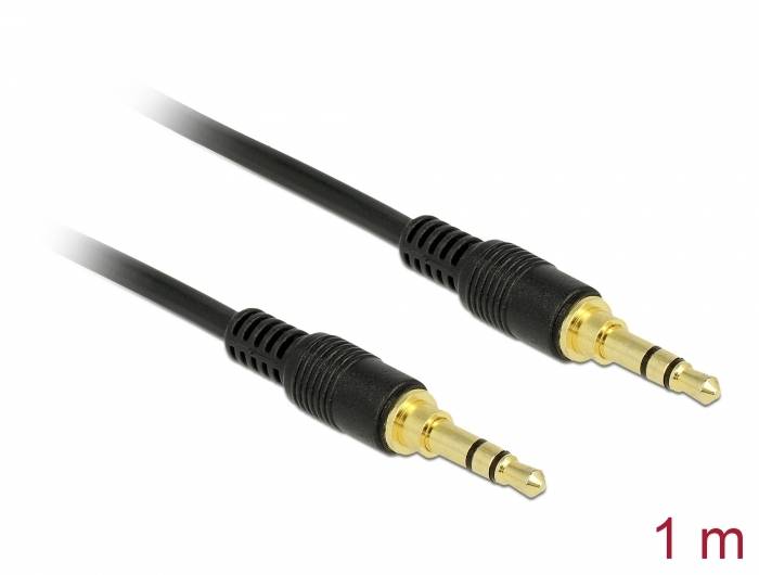 '1m audio kabel s 3,5mm jack konektory na obou koncích, zlaté barvy.'